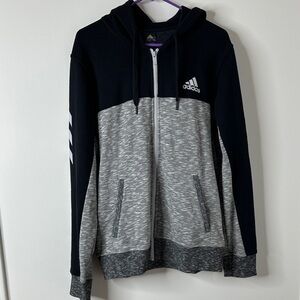 Adidas Men’s Black and Gray Hoodie with a zip-up front and hood Size L